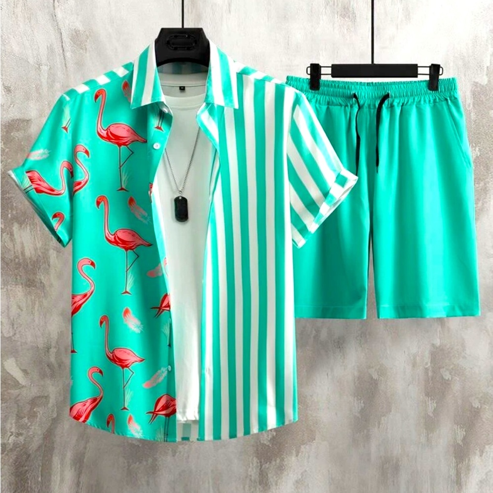 Men Striped & Flamingo Print Shirt & Drawstring Waist Shorts